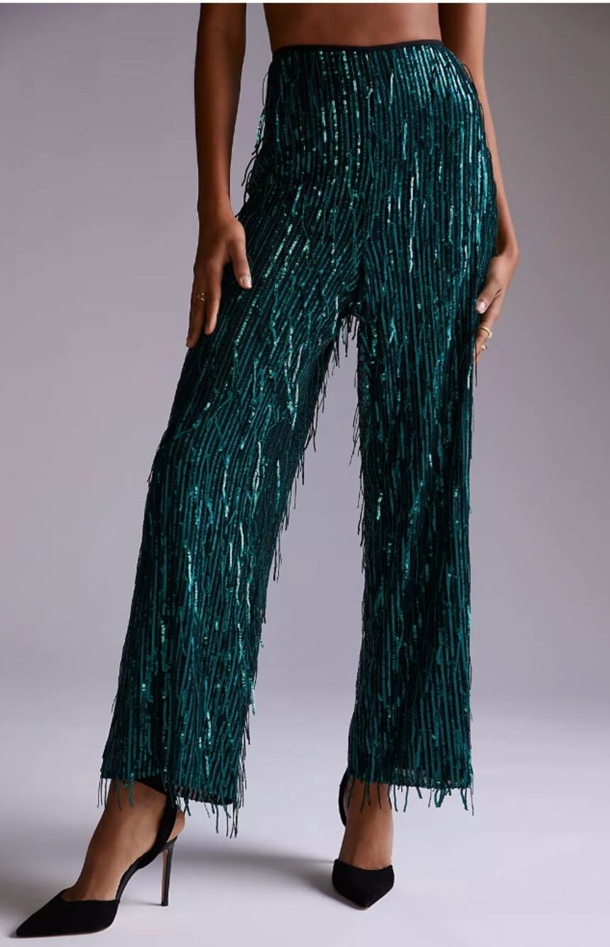 Anthropologie Maeve Green Feather and Sequin-Embellished Trousers 0